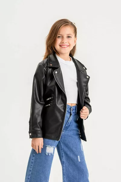 Zipped Lined Girls' Leather Jacket