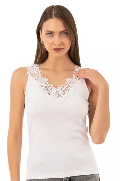 Özkan  Дамски потник с дантела от памучен рипсен манолия