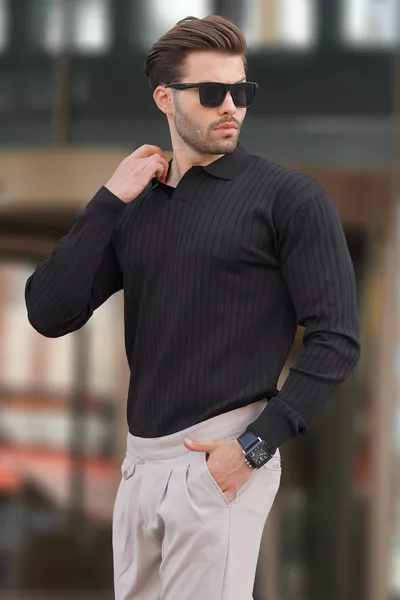 Zwarte Polo Hals Gestreepte Lange Mouwen Trui 