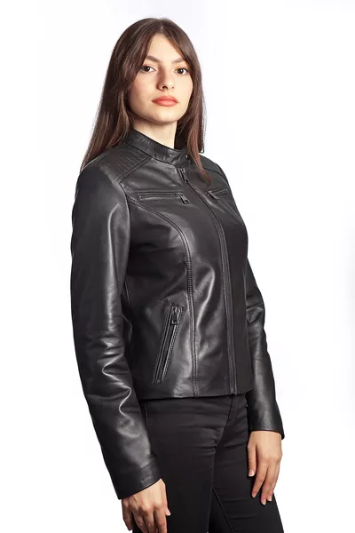 Veste en cuir véritable noire Vanessa