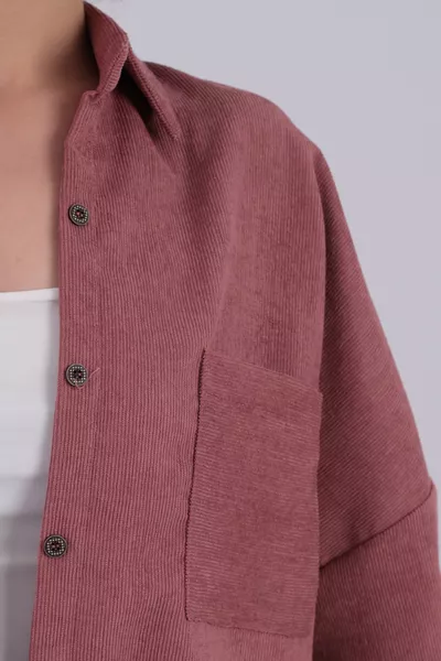 Damen Gülrosa Oversize Dünn Gerippte Samthemd mit Taschen 
