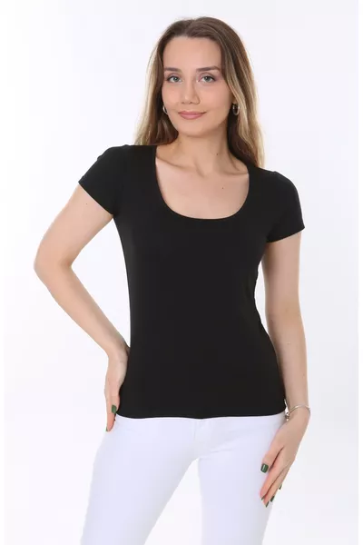 T-shirt et blouse femme en jersey à manches courtes noires, col rond et encolure profonde