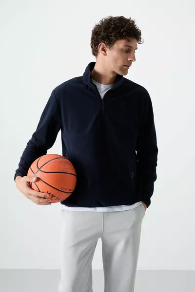 Felpa Uomo Blu Scuro con Mezza Cerniera, Slim Fit, Collo Alto in Pile - 