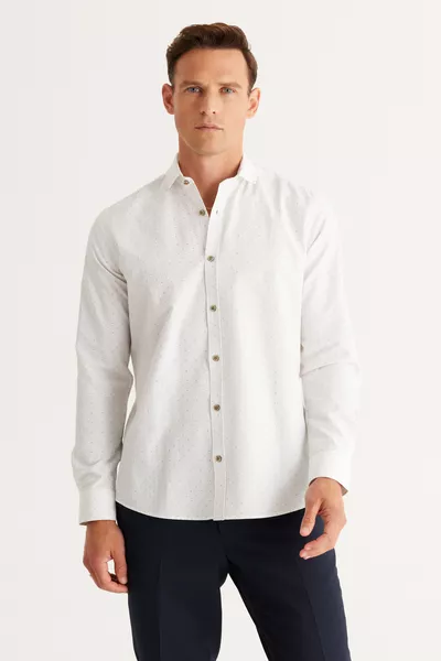 Men's White-Khaki Cotton Oxford Breathable Slim Fit Narrow Cut Italian Collar Printed Shirt