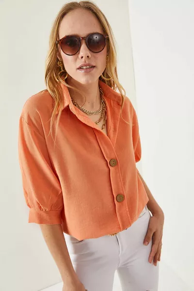 قميص كتان بأكمام خشبية من تروفاكار للسيدات 