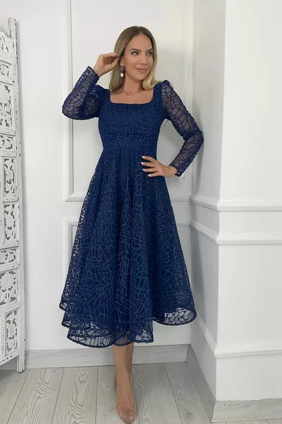  Square Neckline Glitter Midi Length Design Dress Navy Blue