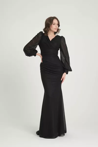 المرأة مزدوجة الصدر طوق طويل الأكمام الأسماك شكل كورساج الكفة مفصلة بريق الزفاف دعوة الخطوبة فساتين السهرة