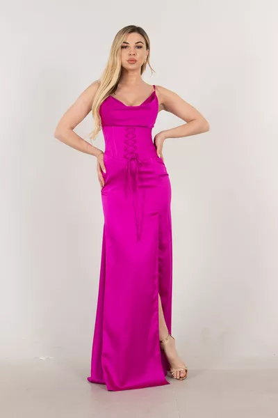 Degaje Collar Corset Detailed Evening Dress Fuchsia 