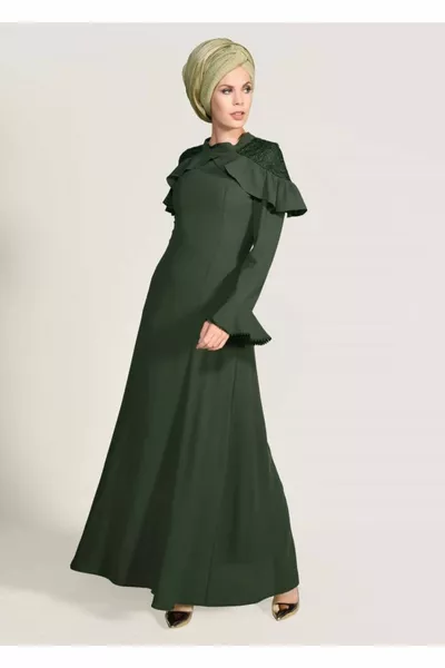 Жените каки Flounce Guipure подробни вечерна рокля 