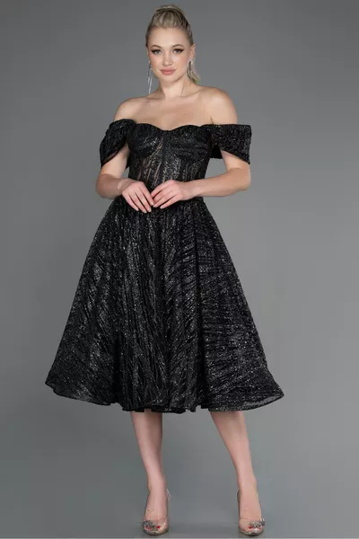 Black Boat Neck Glitter Midi Evening Dress 