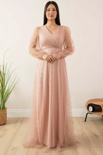 Double-breasted kraag glitter kant lange avondjurk 