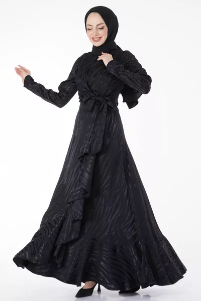 Düz Bisiklet Yaka Kadın Siyah Varaklı Abiye Elbise - 