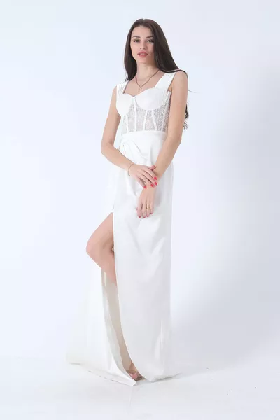 شفافة مفصلة طويلة شق الساتان مساء اللباس Ecru 