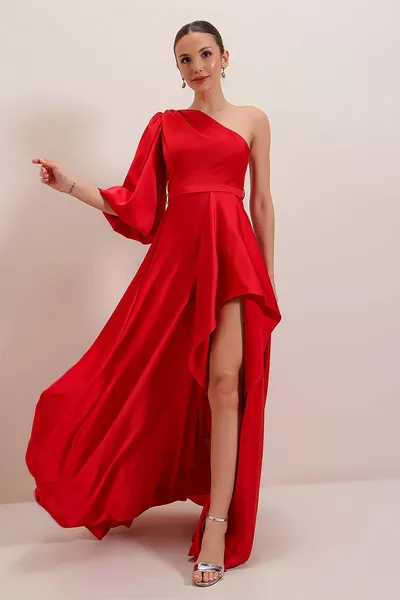 Tek Kollu Önü Volanlı Astarlı Krep Saten Uzun Elbise Kırmızı