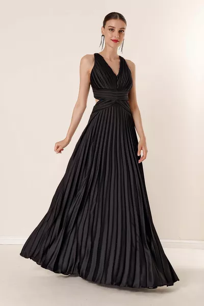 Lined pleated long satin dress black with waist and back décolleté