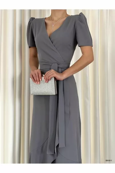 Двуреден яка принцеса къс ръкав колан пола разкроени Midi дължина вечерна рокля