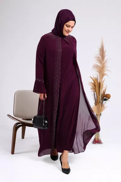 المرأة زائد الحجم الأم الحجاب مساء اللباس مع الحجر واللؤلؤ منقوشة الأكمام مطوي