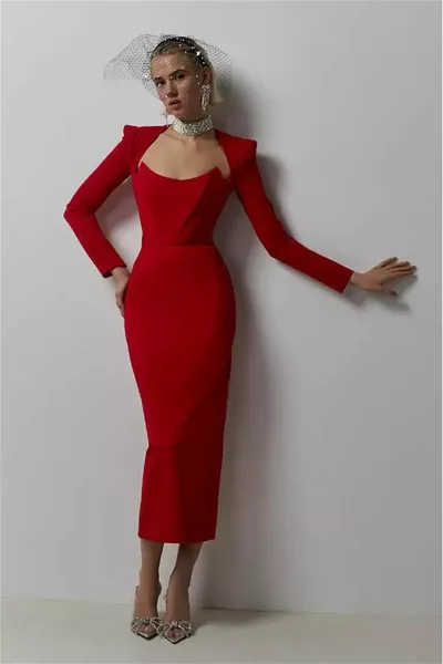 Red Bandage Fabric Midi Design Dress