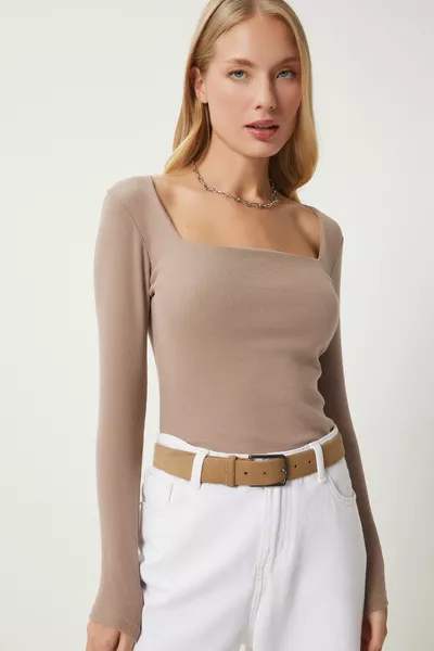 المرأة بيج مربع الياقة مضلع محبوك بلوزة 