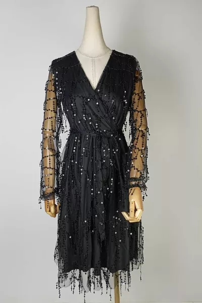  مزدوج الصدر طوق الترتر التفاصيل مهدب مساء اللباس الظلام