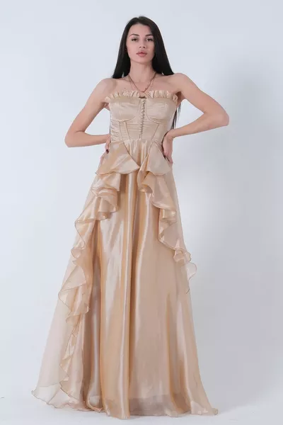 Strapless Collar Slit Skirt Ruffled Evening Dress Gold 