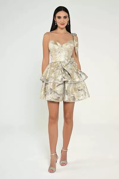 Gonna ripiegata con fiocco appeso in tessuto jacquard Abito corto