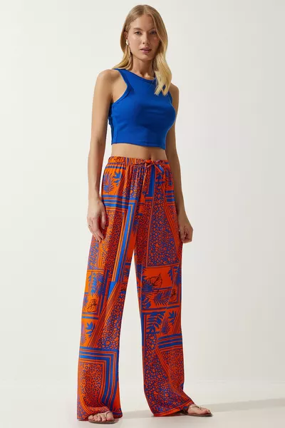 بنطلون بالازو نسائي بنقشة برتقالية متدفقة 