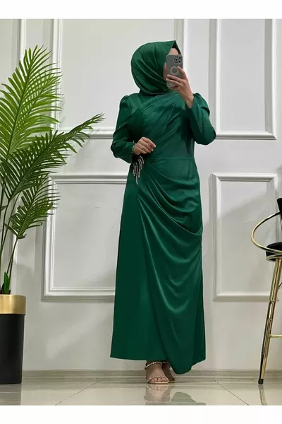  K  Emerald Green Beltaş Satin Pleated Dress