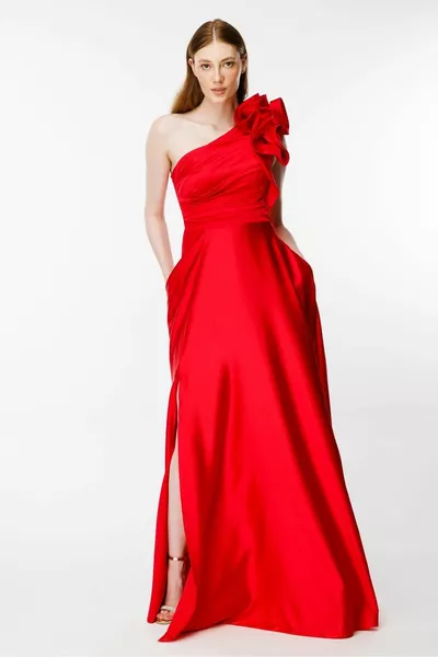 Satin Evening Dresses with Ruffled Shoulder Slits - RED
