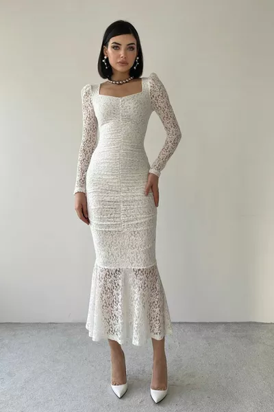 المرأة الدانتيل النسيج الجبهة الستارة والأكمام تصميم شفاف أبيض ميدي مساء اللباس 