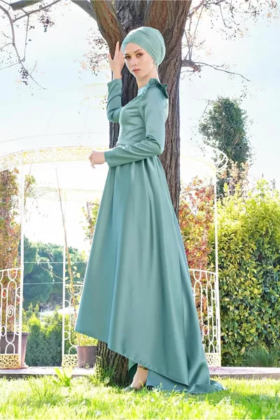 نسائي أخضر (ÇAĞLA) كشكش فستان سهرة مفصل 