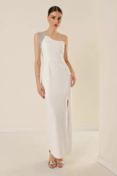 Single Shoulder Stone Chain Detailed Slit Front Lined Long Dress Ecru