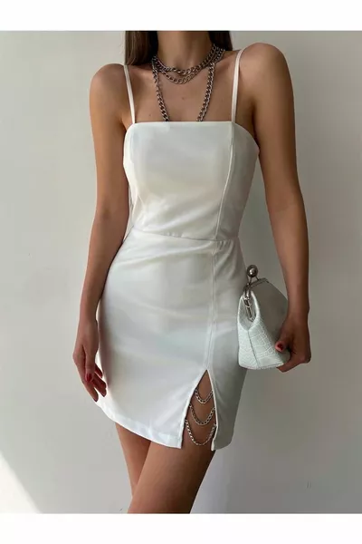 Mini Size Slim Strap Slit Part Chain Detailed Zander Women's White Dress
