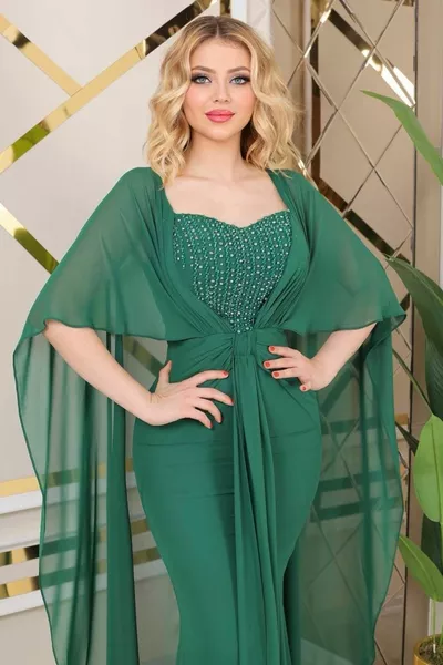 Chiffon Cape Stone Accessory Low-Cut Long Dress Evening Dress