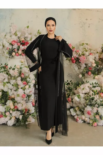 Двойна абая с перлено деколте и ръкави и връзки на талията