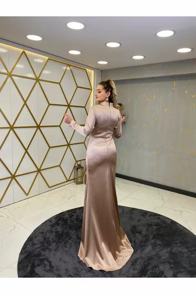 Taş Işlemeli Bilge Tesettür Abiye Bej