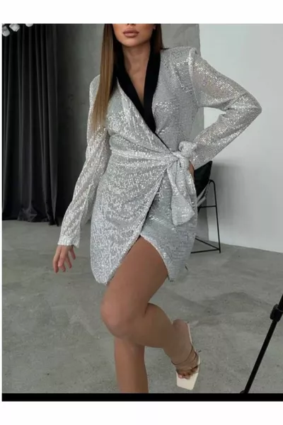 DOUBLE-BREASTED COLLAR SILVER SEQUINED JACKET DRESS
