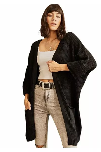 Women's Black Oversized Pocket Loose Knit Cardigan with Double Sleeves