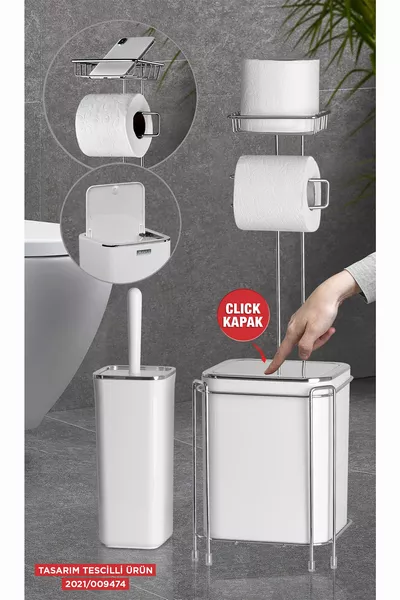Chrome Toilet Paper Holder with Spare Roll - White Trash Can and Toilet Brush Set
