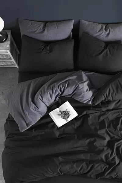طقم غطاء سرير مزدوج مع شرشف مطاطي | أنثراسيت أسود | قطن | مجموعة كاملة