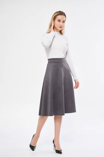 Midi-Length Suede Flared Skirt