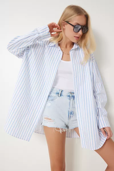 Camicia Lunga Oversize da Donna a Righe Bianche e Blu 