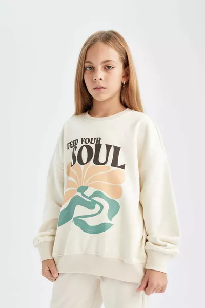 Meisjes oversized wijde print sweater met ronde hals WN