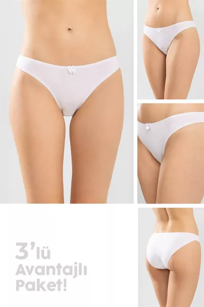 طقم 3 قطع من ملابس داخلية نسائية بيكيني بقصّة وزخرفة متعرجة من القطن - أبيض