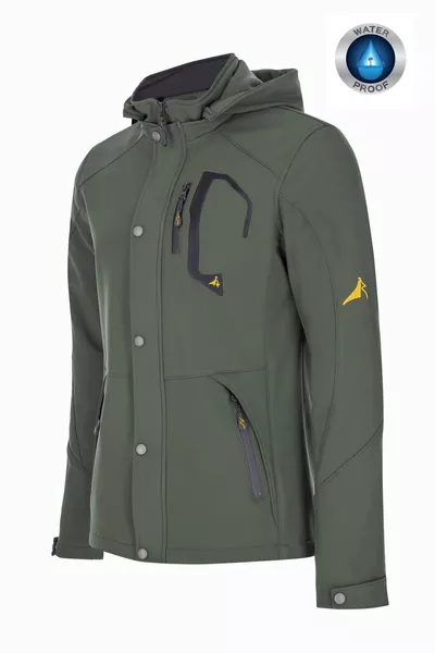 معطف رجالي شتوي بأكمام واقية من الرياح والماء، بسحاب وغطاء رأس، بتفاصيل جيوب وداخل مبطن بالفرو، بلون أخضر زيتي