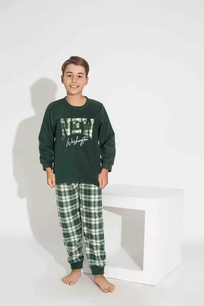 Men's Khaki Plaid and Checkered Long-Sleeve Father-Son Fleece Fabric Winter Warm Pajama Set