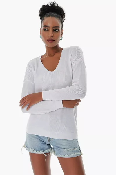 Maglione donna bianco in maglia V collo a coste di cotone 