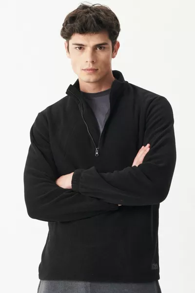 Pile nero da uomo, regular fit, collo alto con mezza cerniera