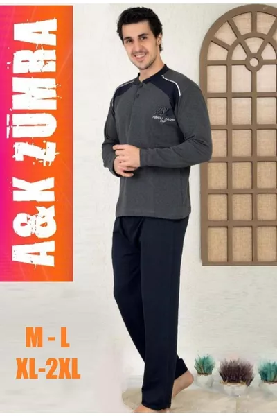 طقم بيجاما رجالي اقتصادي شتوي من القطن المخلوط بلون رمادي