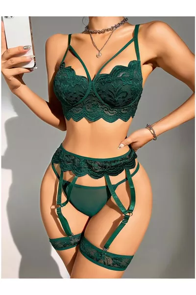 Ensemble féminin fantaisie 5 pièces avec jarretelles et dentelle pour femmes, couleur émeraude de Ruselin